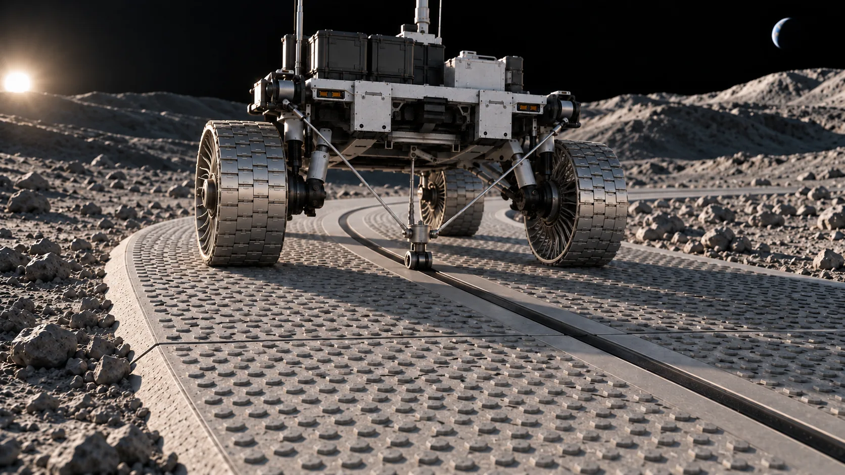 A rover driving on a paved lunar road